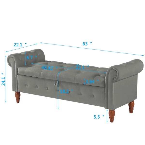 Grey, Solid Wood Legs, Velvet Bedroom End of Bed Storage Bench, Rolled Side Sofa Bench, Toy Storage Bench
