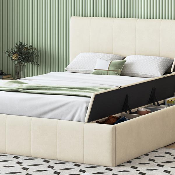 Full Size Upholstered Platform Bed with Lateral Storage Compartments and Thick Fabric, Velvet, Beige