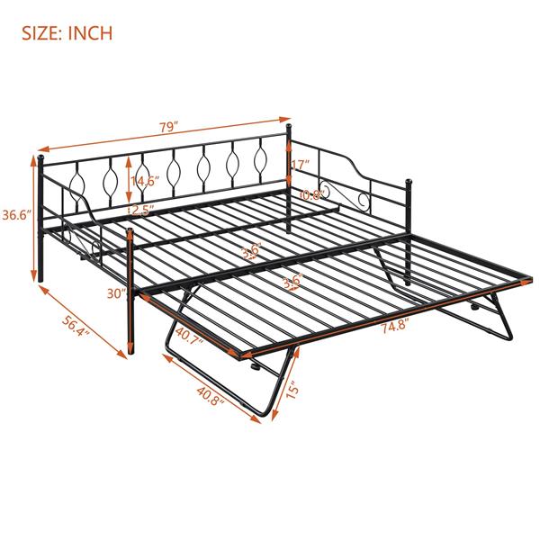 Full Size Metal Daybed with Twin Size Adjustable Trundle, Portable Folding Trundle, Black