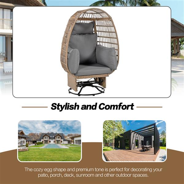 Outdoor Swivel Chair with Cushions, Rattan Egg Patio Chair with Rocking Function for Balcony, Poolside and Garden (Natural Wicker + Grey Cushion)