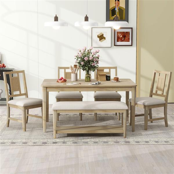 6-piece Retro Dining Set, Minimalist Dining Table and 4 upholstered chairs & 1 bench with a shelf for Dining Room(Natural Wood Wash)