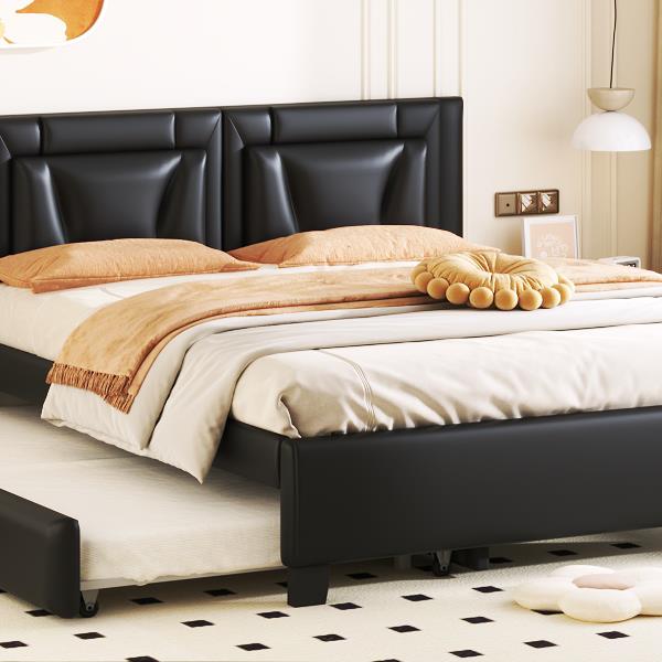 Queen Size Upholstered Platform Bed with Headboard and Twin Size Trundle, Black