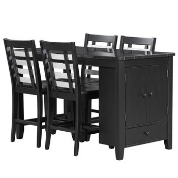 Counter Height 5-piece Dining Table Set with Faux Marble Tabletop, Solid Wood Table Set with Storage Cabinet and Drawer, Black