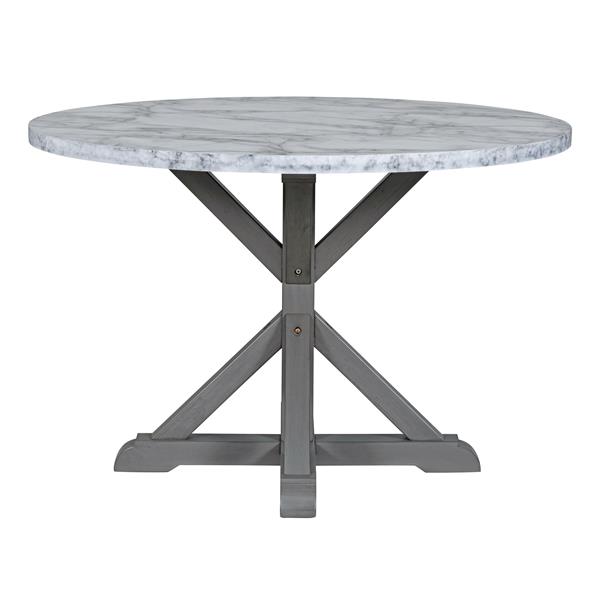 5-Piece Farmhouse Style Dining Table Set, Marble Sticker and Cross Bracket Pedestal Dining Table, and 4 Upholstered Chairs (White+Gray)