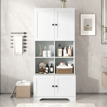 Tall and Wide Bathroom Floor Storage Cabinet, Bathroom Storage Unit, Freestanding Cabinet with 4 Doors, Adjustable Shelves, Open multi-layer Shelves, White 