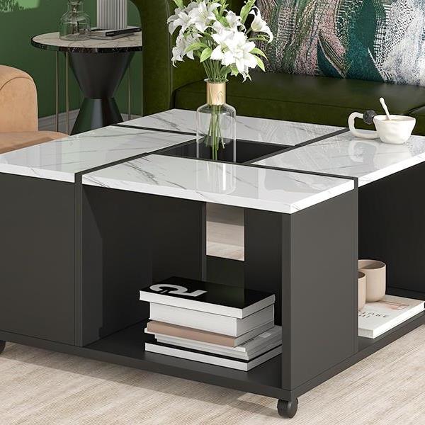 Modern 2-layer Coffee Table with Casters, Square Cocktail Table with Removable Tray, UV High-gloss Marble Design Center Table for Living Room, 31.4''x 31.4''