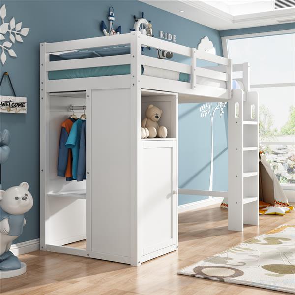 Twin Loft Bed with Wardrobe, Storage Shelves and Ladder, White