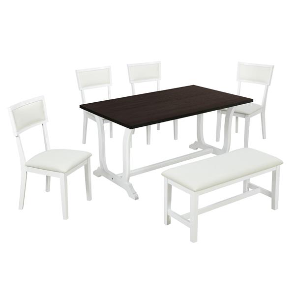 Farmhouse 6-Piece Trestle Dining Table Set with Upholstered Dining Chairs and Bench, 59inch, White