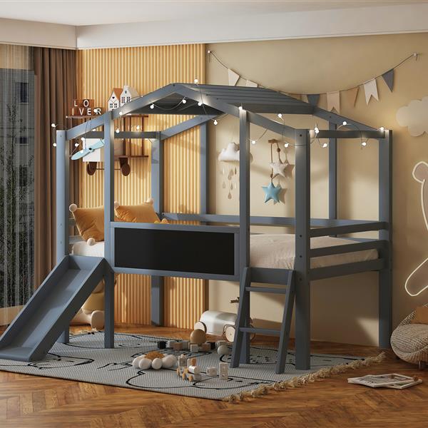 Twin Size Loft Bed with Ladder and Slide, House Bed with Blackboard and Light Strip on the Roof, Gray