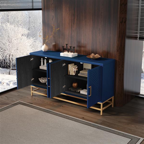 Retro-Style Sideboard with Adjustable Shelves, Rectangular Metal Handles and Legs for  Kitchen, Living room, and Dining Room  (Navy)