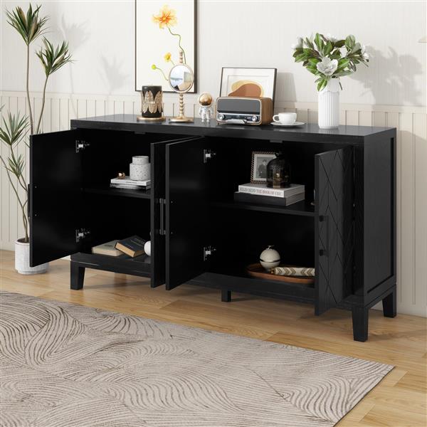 4-door Retro Sideboard with Adjustable Shelves, Two Large Cabinet with Long Handle, for Living Room and Dining Room (Black)