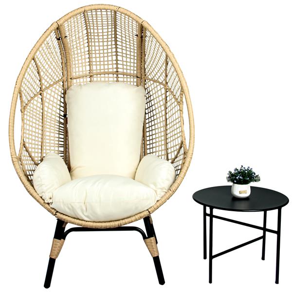 Patio PE Wicker Egg Chair Model 4 with Natural Color Rattan Beige Cushion and Side Table