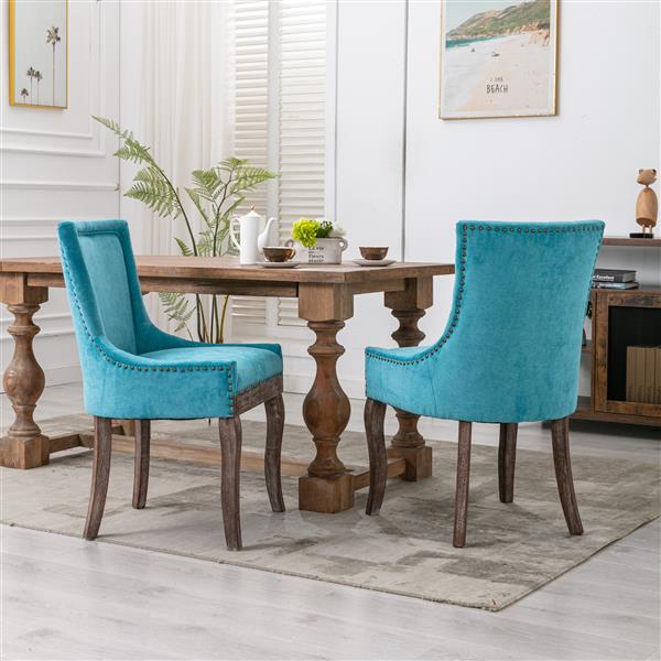 Furniture,Ultra Side Dining Chair，Thickened fabric chairs with neutrally toned solid wood legs， Bronze nail head，Set of 2，Blue