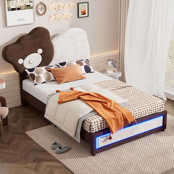 Twin Size Upholstered Platform Bed with Bear Shaped Headboard, LED Light Strips, White + Brown