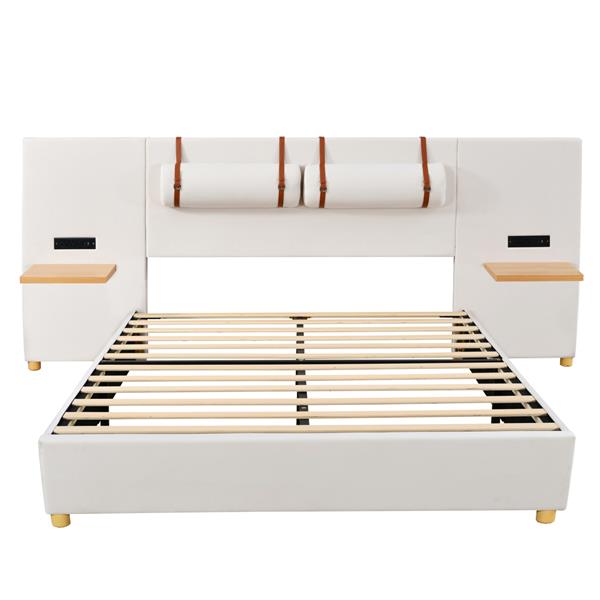 Queen Size Upholstered Platform Bed, Two Outlets and USB Charging Ports on Both Sides, Two Bedside Pillows, Storage Shelves, Beige