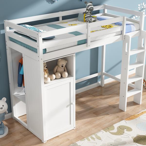 Twin Loft Bed with Wardrobe, Storage Shelves and Ladder, White