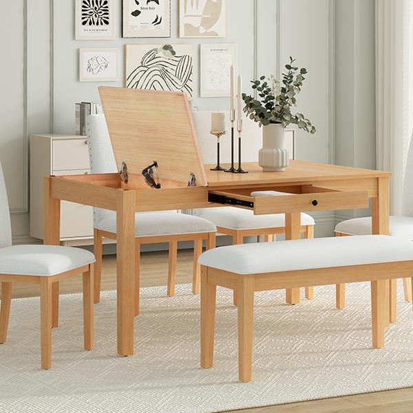 Farmhouse 6-Piece Dining Table Set with Storage Table, Kitchen Table Set with Drawer, Storable Bench and Upholstered Dining Chairs, Natural+Beige