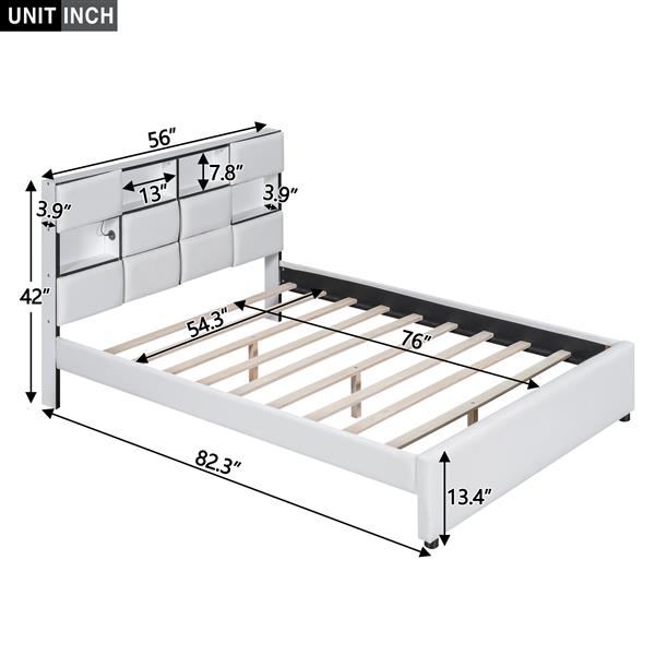 Full Size Upholstered Platform Bed with LED, Storage and USB, Beige