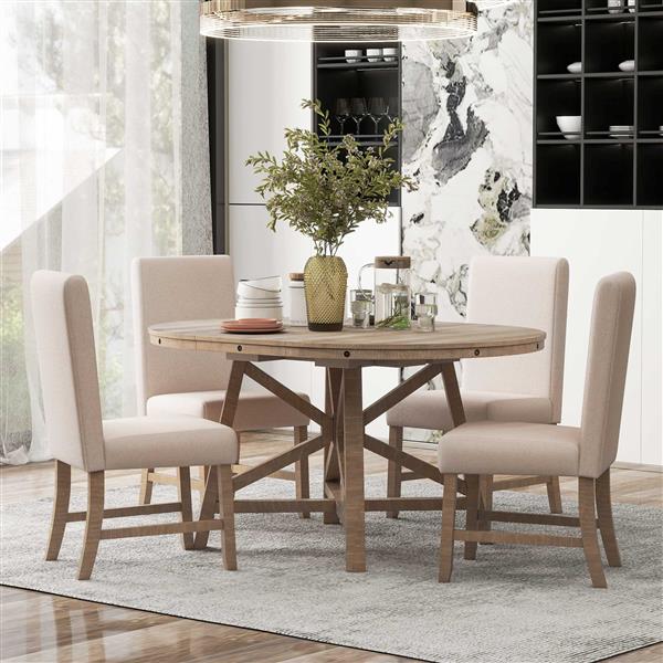 5-Piece Retro Functional Dining Set with Extendable Round Table with Removable Middle Leaf and 4 Upholstered Chairs for Dining Room and Living Room (Natural Wood Wash)