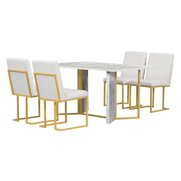 7-Piece Modern Dining Table Set, Artificial Marble Sticker Tabletop and 6 Upholstered Linen Chair All with lden Steel Legs for Dining Room and Kitchen (White + ld)