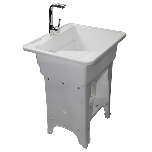 White Freestanding Plastic Utility Sinks Utility Sink Laundry Tub Outdoor Sink Drop in Deep Sink Kit with Inlet Pipe and Drain Pipe