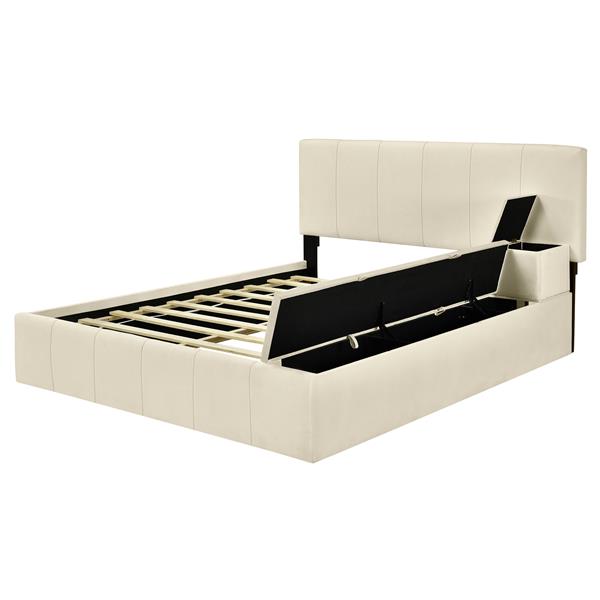 Full Size Upholstered Platform Bed with Lateral Storage Compartments and Thick Fabric, Velvet, Beige