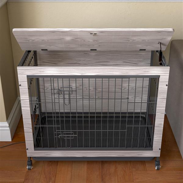 23.6"L X 20"W X 26"H Dog Crate Furniture with Cushion, Wooden Dog Crate Table, Double-Doors Dog Furniture, Dog Kennel Indoor for Small Dog, Dog House, Dog Cage Small,  Rustic Brown Grey