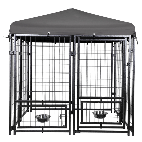 Outdoor Dog Kennel 4.5' x 4.5' x 4.8' with Waterproof Canopy Roof Heavy Duty Metal Dog Cage with Rotating Feeding Door