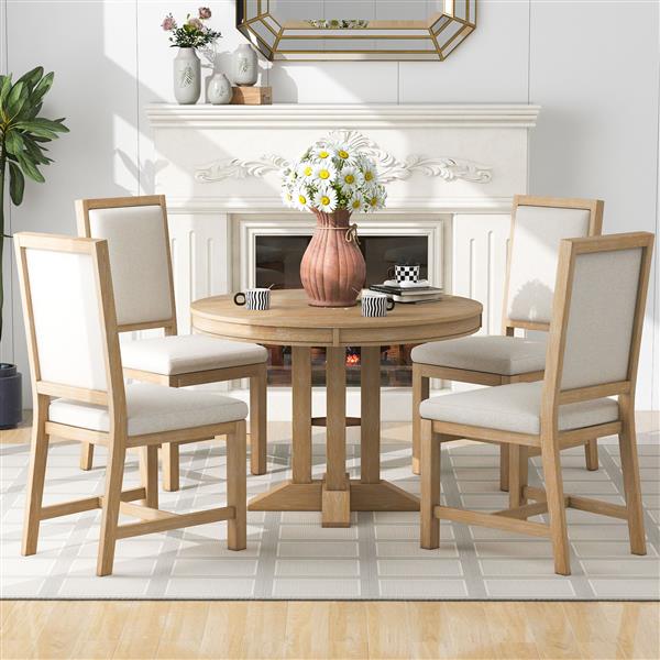 5-Piece Dining Set Extendable Round Table and 4 Upholstered Chairs Farmhouse Dining Set for Kitchen, Dining Room(Natural Wood Wash)