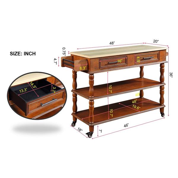 56 inch Rolling Kitchen Island with Storage,Kitchen Cart with Solid OAK Wood Top,Two-sided Kitchen island Cart on Wheels , Wine and Spice Rack, Large Kitchen Cart with 2 Drawers, Walnut+Natural Top