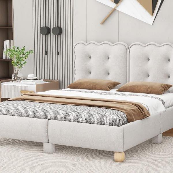 Queen Size Upholstered Platform Bed with Support Legs,Beige