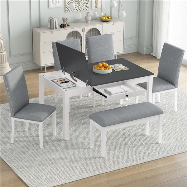 Farmhouse 6-Piece Dining Table Set with Storage Table, Kitchen Table Set with Drawer, Storable Bench and Upholstered Dining Chairs, White+Gray