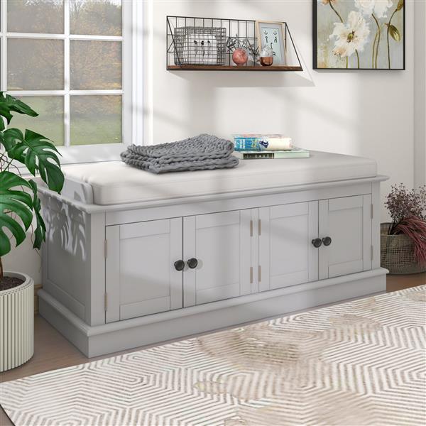 Storage Bench with 4 Doors and Adjustable Shelves, Shoe Bench with Removable Cushion for Living Room, Entryway (Gray Wash)