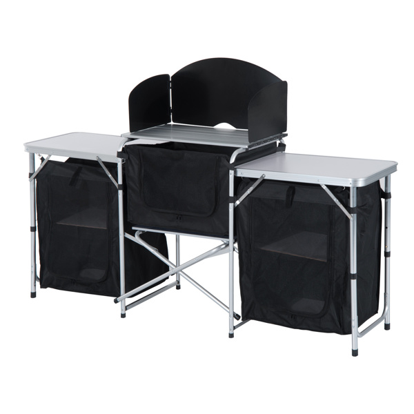 Aluminum Portable Camping Kitchen Fold-Up Cooking Table With Windscreen and 3 Enclosed Cupboards for BBQ, Party, Picnics, Backyards 