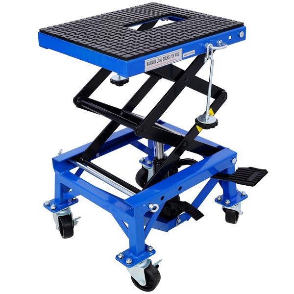 300 lbs Hydraulic Motorcycle Scissor Jack Lift Foot Step Wheels for Small Dirt Bikes,blue color