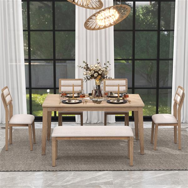 Classic and Traditional Style 6 - Piece Dining Set, Includes Dining Table, 4 Upholstered Chairs & Bench (Natural Wood Wash)