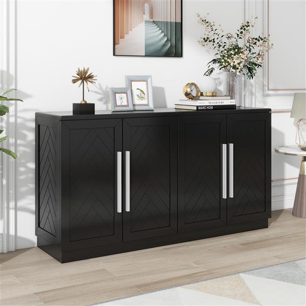 Sideboard with 4 Doors Large Storage Space Buffet Cabinet with Adjustable Shelves and Silver Handles for Kitchen, Dining Room, Living Room (Black)