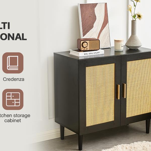 Side panel buffet cabinet with natural rattan door, rattan storage cabinet with adjustable shelves, side panel and buffet with storage space, modern console cabinet in bedroom and living room