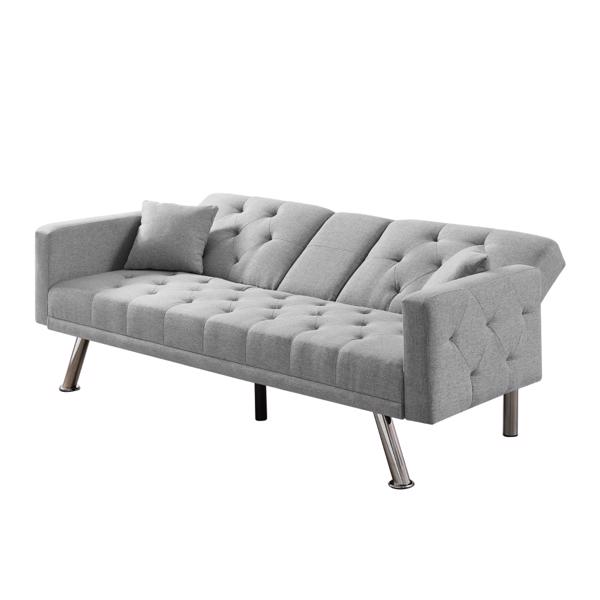 Grey Linen Convertible Sofa and Bed, Square Arm Armrests, Can Hold Water Cup, Two Pillow