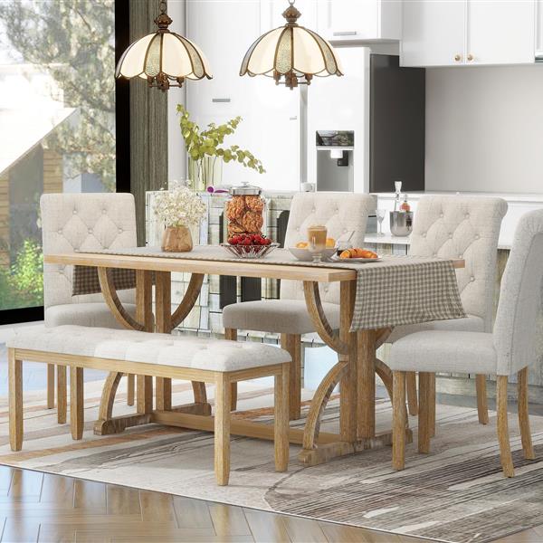 6-Piece Retro Rectangular Dining Table Set, Table with Unique Legs and 4 Upholstered Chairs & 1 Bench for Dining Room and Kitchen (Natural Wood Wash)