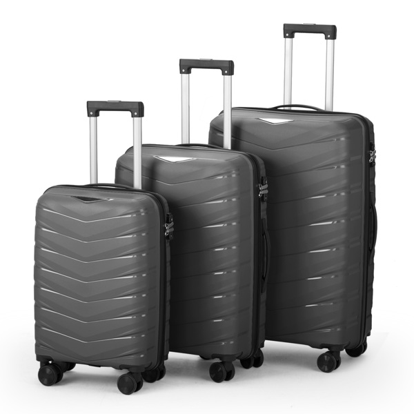 FCH V-shaped stripe 3-in-1 PP trolley case 20in 24in 28in PP iron trolley classic color - dark gray (grain pattern)