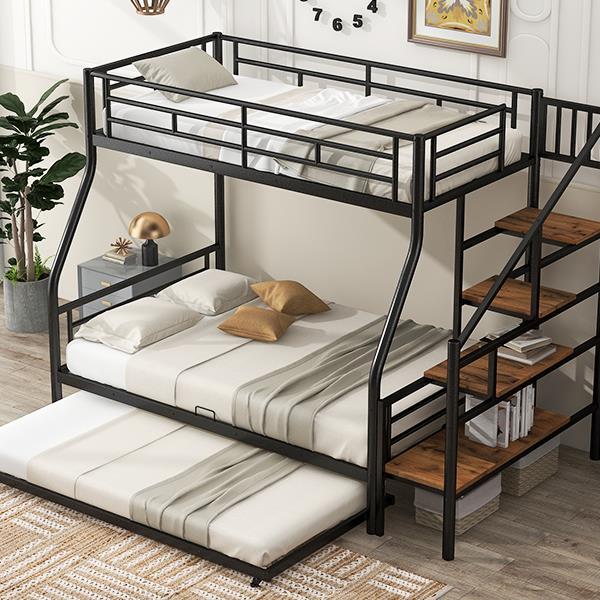 Twin over Full Size Metal Bunk Bed with Trundle and Storage Staircase, Black