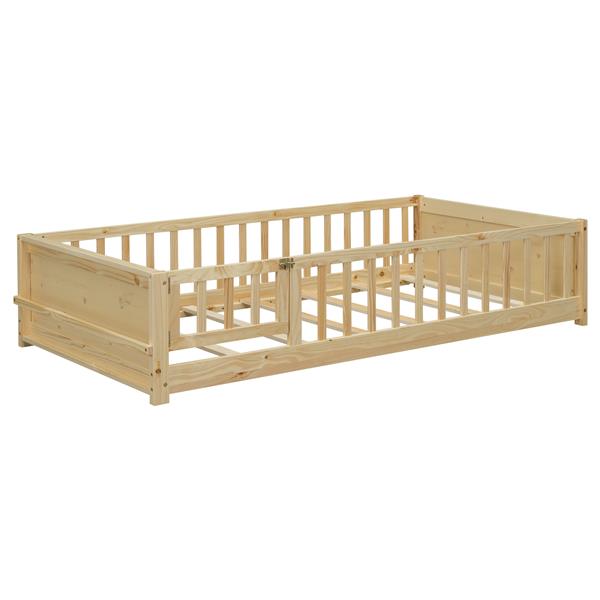 Twin size Floor Platform Bed with Built-in Book Storage Rack, Door,Natural