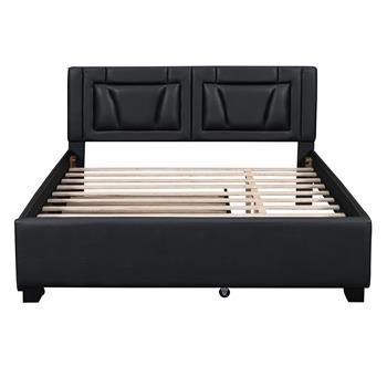 Queen Size Upholstered Platform Bed with Headboard and Twin Size Trundle, Black