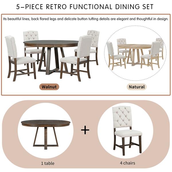 5-Piece Retro Functional Dining Set, Round Table with a 16"W Leaf and 4 Upholstered Chairs for Dining Room and Living Room (Walnut)