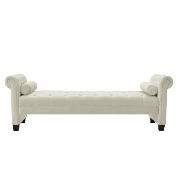 Ivory, Solid Wood Legs Velvet Rectangular Sofa Bench with Attached Cylindrical Pillows