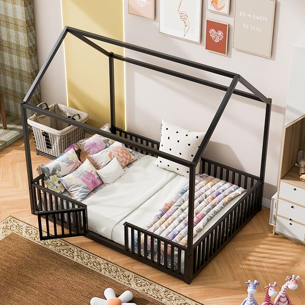 Full Size Metal House Bed with Fence and Door, Black