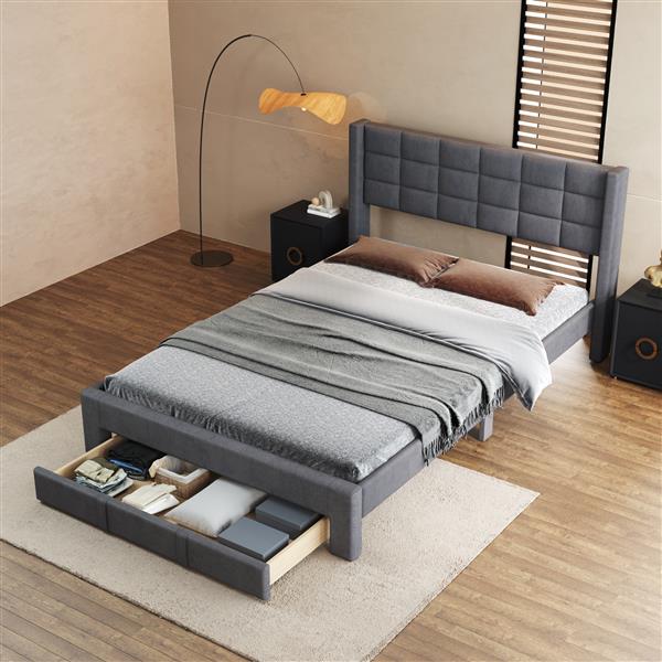 Queen Size Upholstered Platform Bed with A Big Drawer, Gray