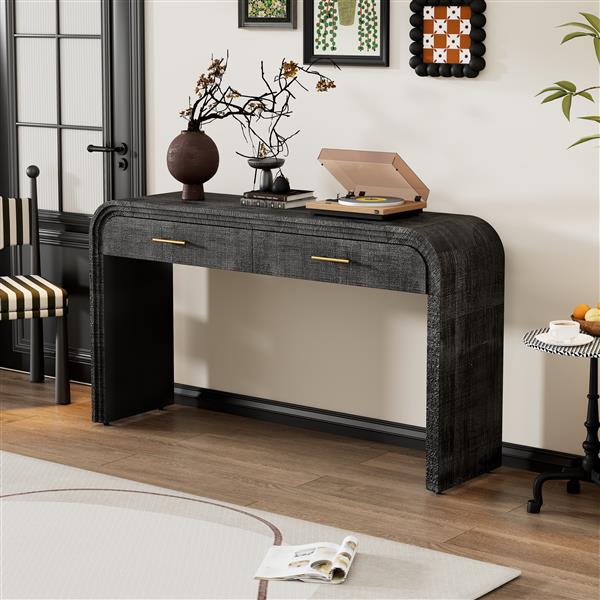 Unique Retro Silhouette Console Table with Open Style, Two Top Drawers for Entrance, Dinning Room, Living Room (Antique Black)