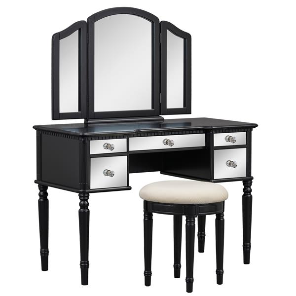 43" Dressing Table Set with Mirrored Drawers and Stool, Tri-fold Mirror, Makeup Vanity Set for Bedroom, Black